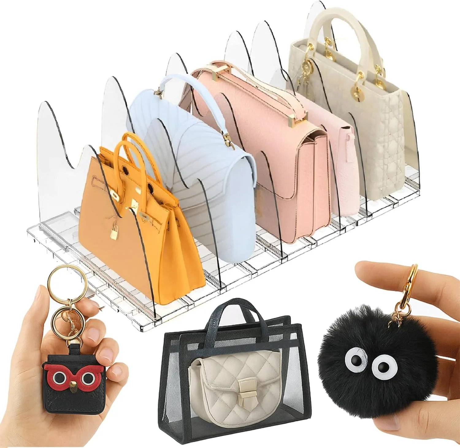 DreamDazzle Purse Organizer For Closet with Owl Shape Keychain, Black Chian & PVC bag, Adjustable acrylic shelf dividers,Purse Storage Organizer, Clutches, Clothes, Sweater, Towel
