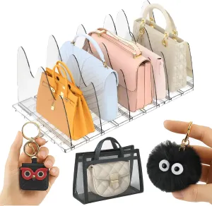 DreamDazzle Purse Organizer For Closet with Owl Shape Keychain, Black Chian & PVC bag, Adjustable acrylic shelf dividers,Purse Storage Organizer, Clutches, Clothes, Sweater, Towel