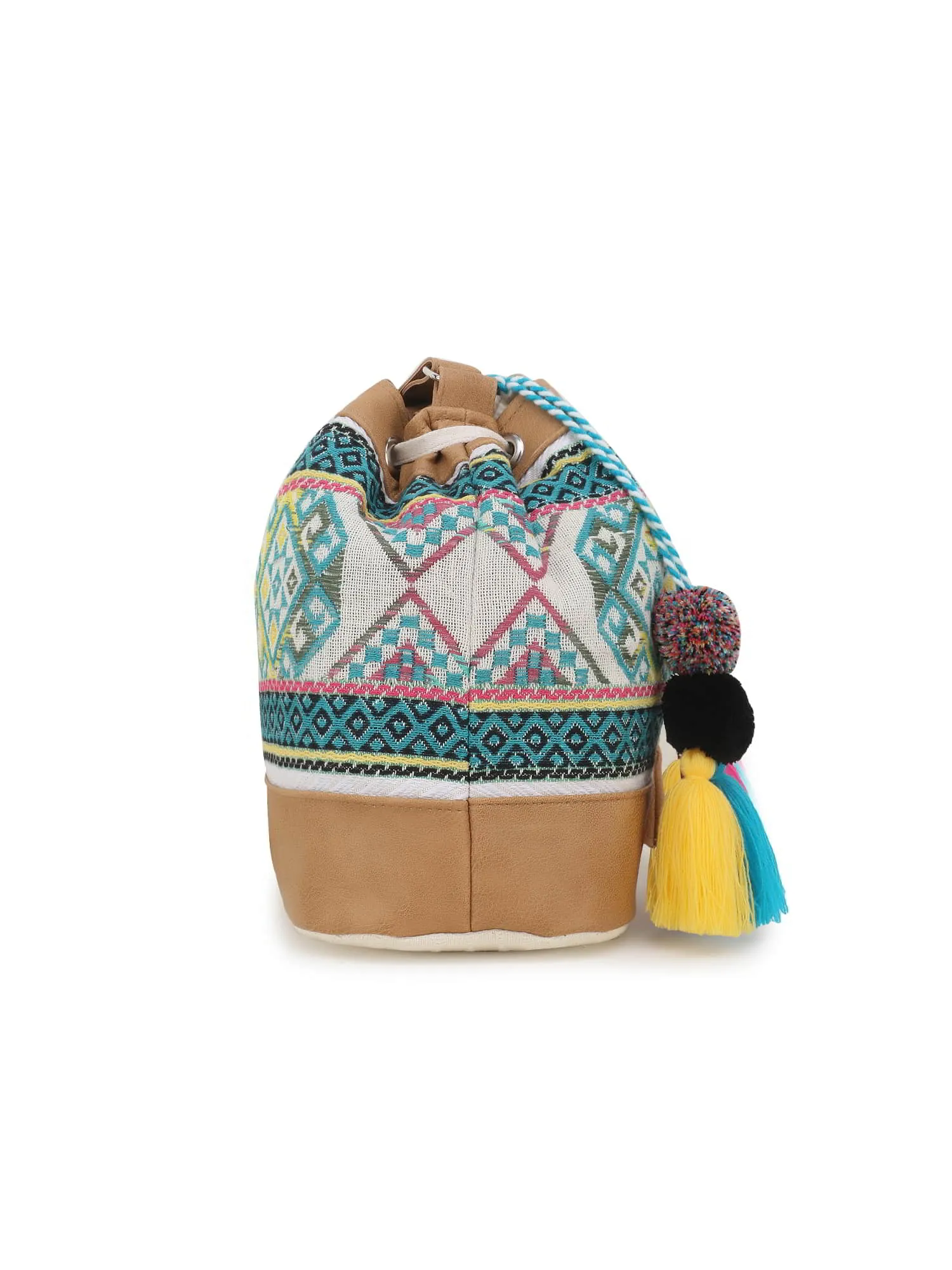 Droopy Greek Key Textured Polycotton Jacquard & Leatherette Sling Bag