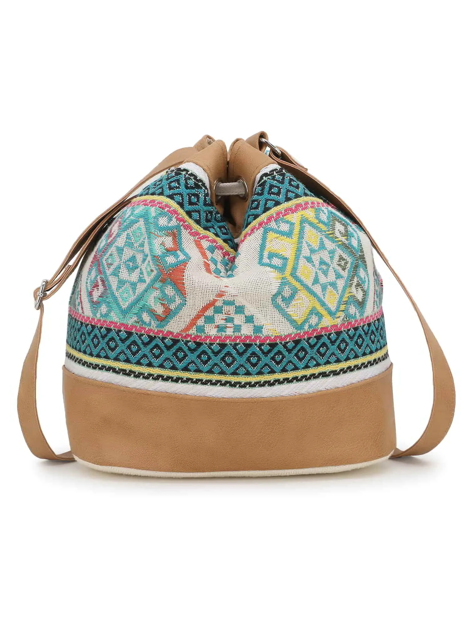 Droopy Greek Key Textured Polycotton Jacquard & Leatherette Sling Bag
