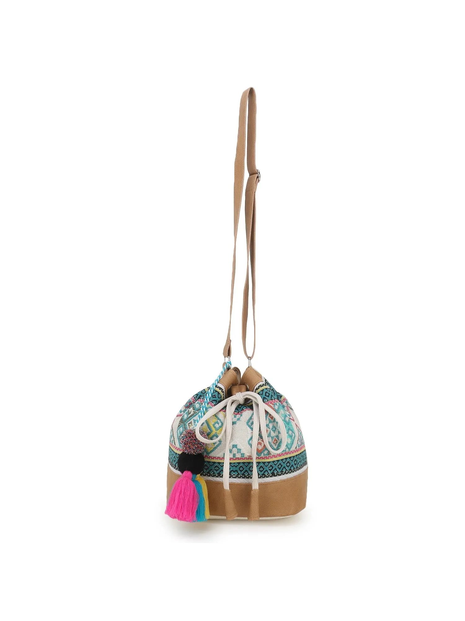 Droopy Greek Key Textured Polycotton Jacquard & Leatherette Sling Bag