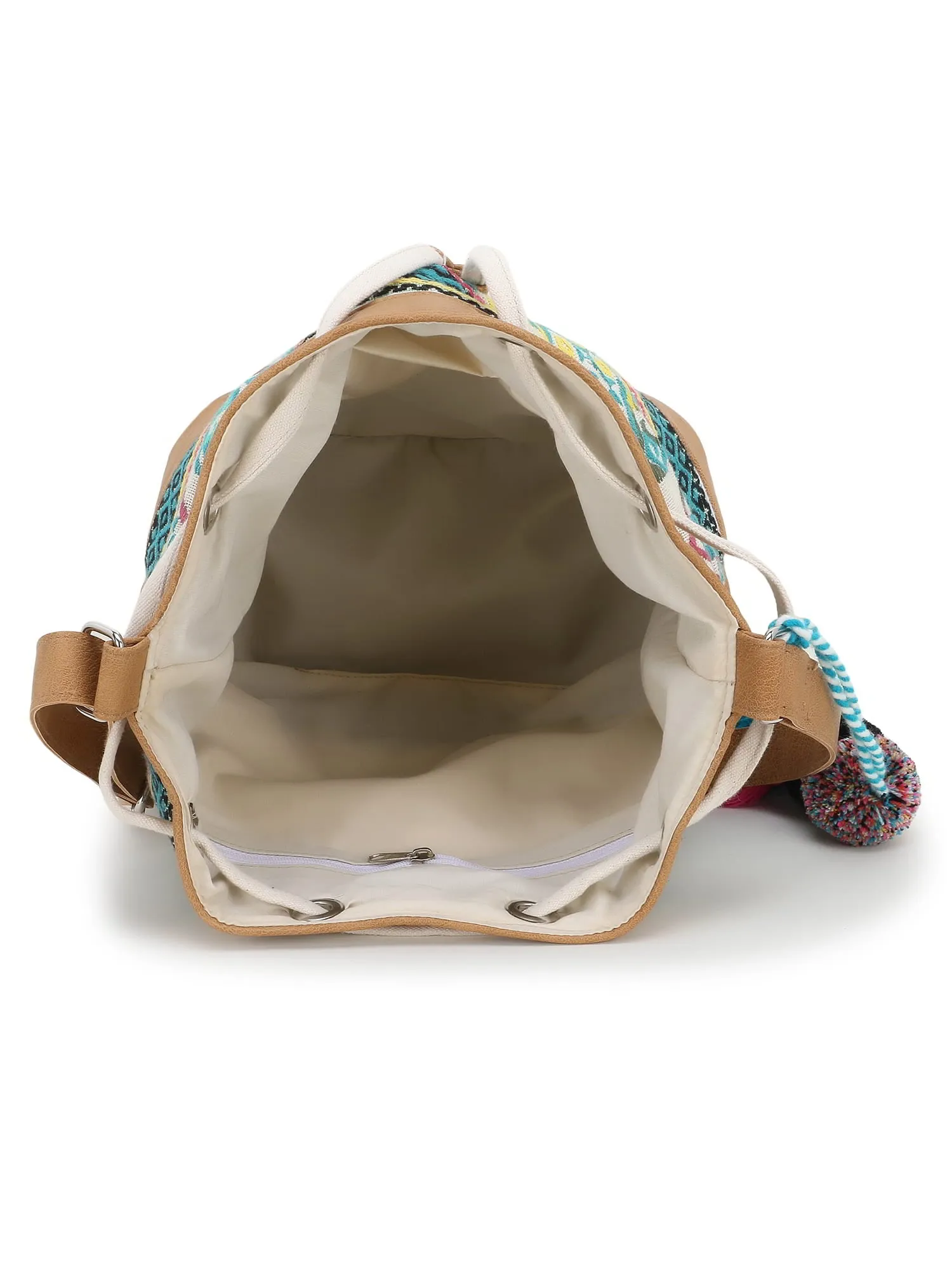 Droopy Greek Key Textured Polycotton Jacquard & Leatherette Sling Bag