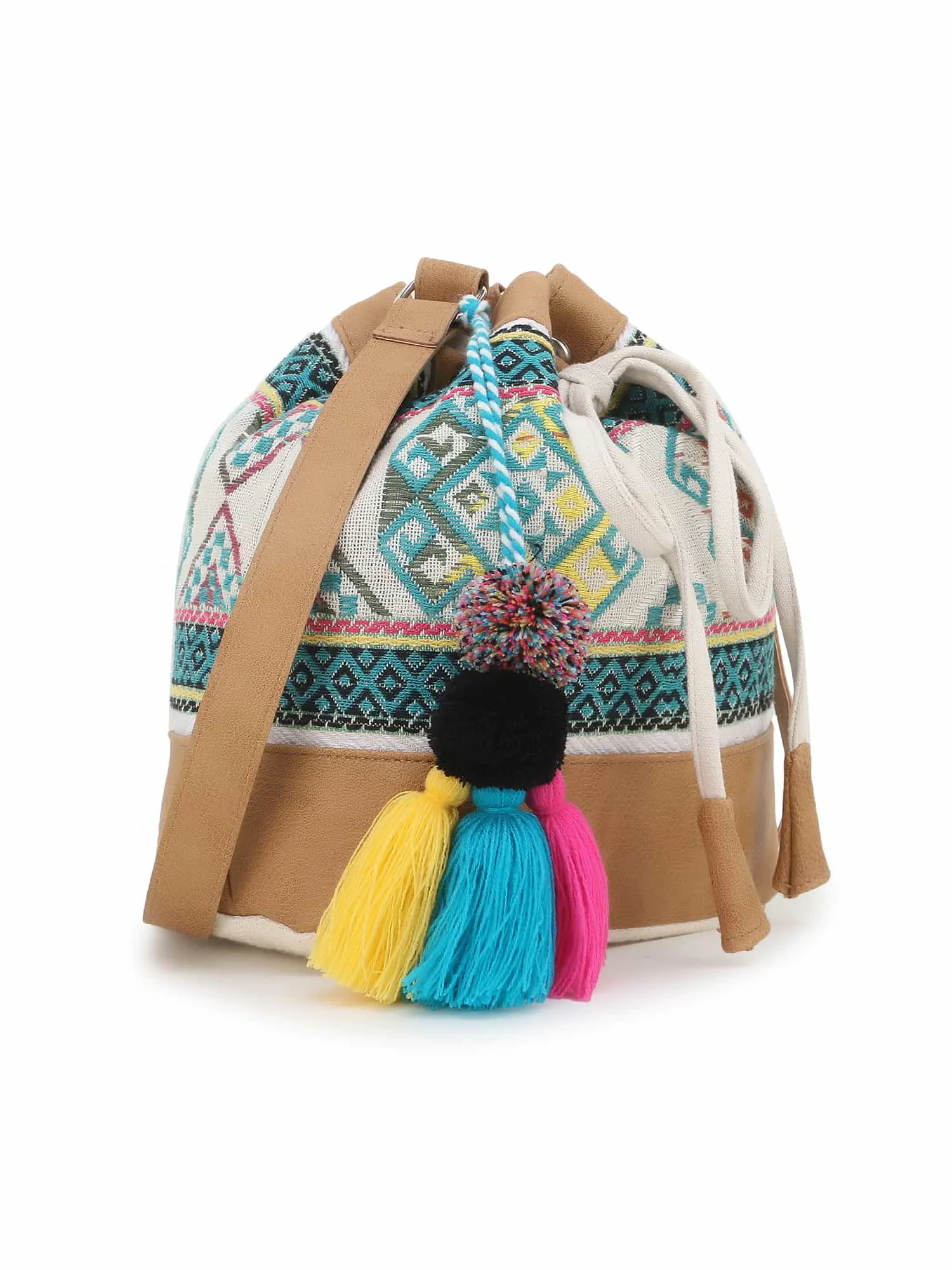 Droopy Greek Key Textured Polycotton Jacquard & Leatherette Sling Bag