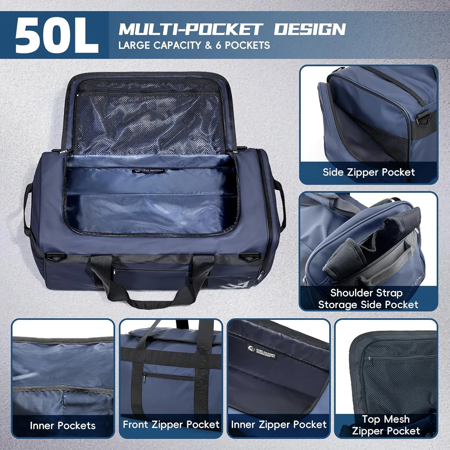 Duffle Backpack Heavy Duty Gym Bag for Men, 50L Convertible Travel Duffel Water Resistant Large Hand Bag for Sport Weekend, Blue