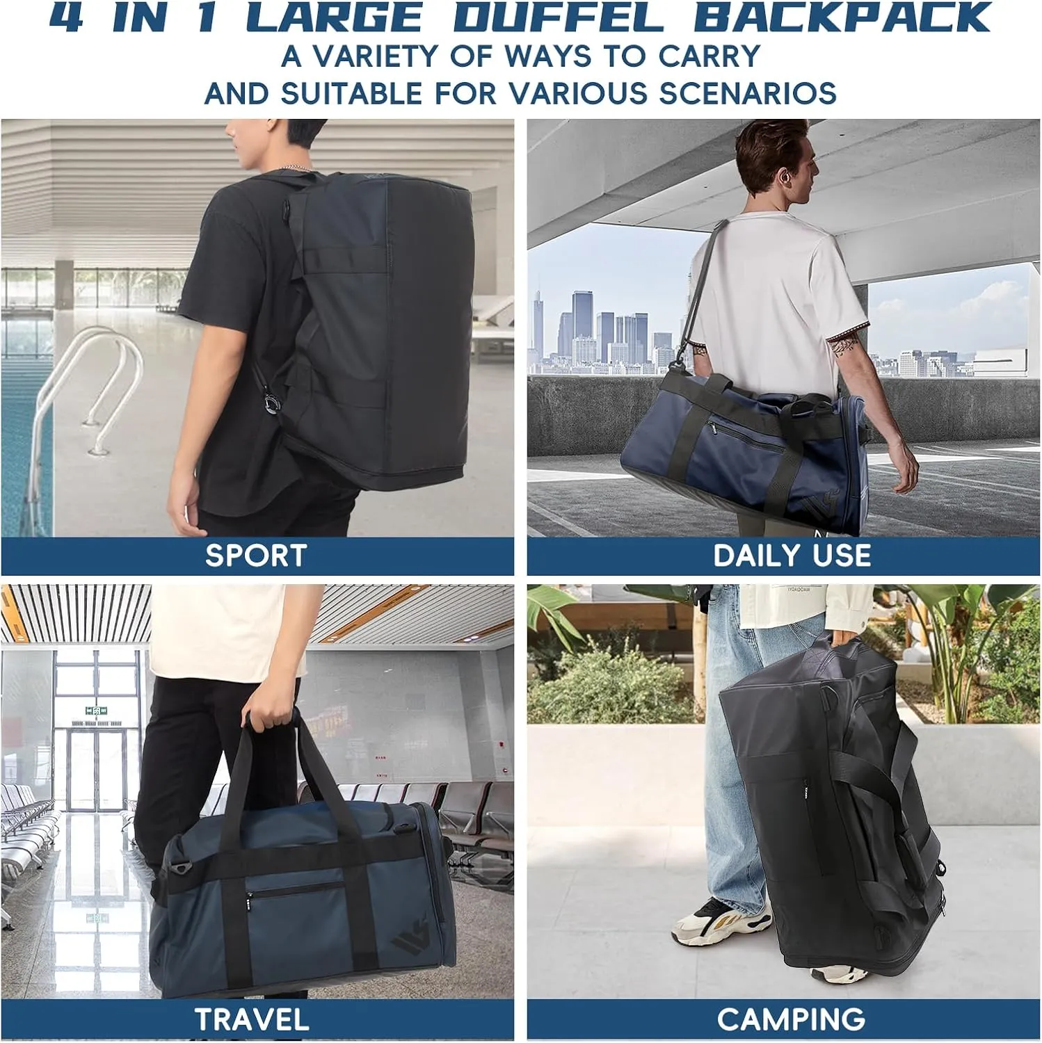 Duffle Backpack Heavy Duty Gym Bag for Men, 50L Convertible Travel Duffel Water Resistant Large Hand Bag for Sport Weekend, Blue