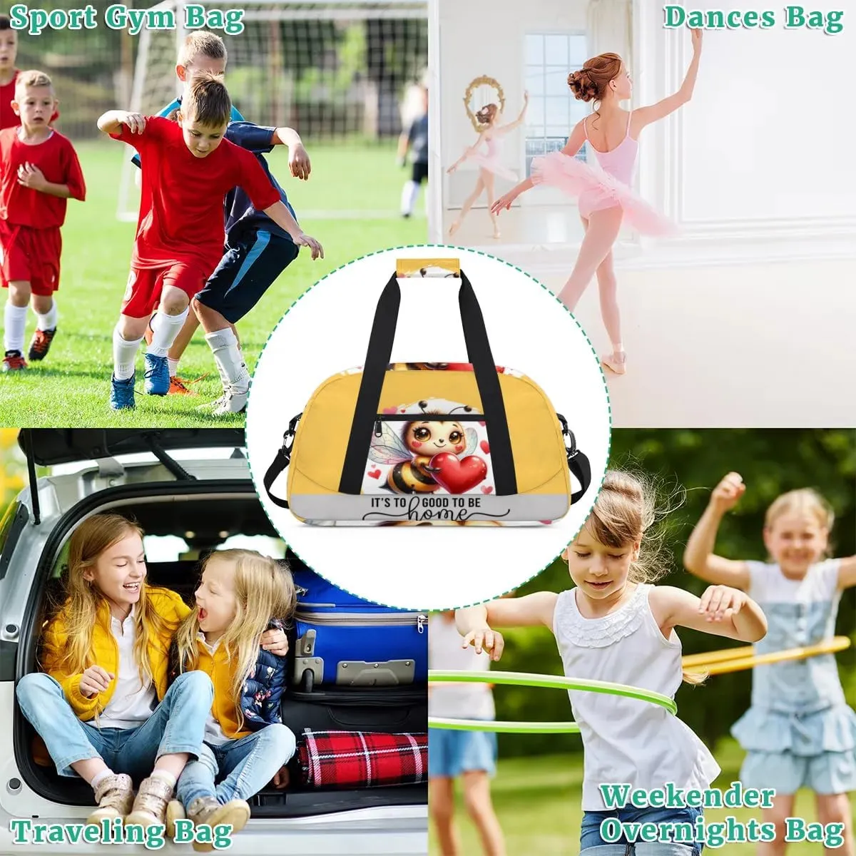 Duffle Bag Bee Love Heart PersonalizedGym Bag Travel Bag Luggage Bag Waterproof Lightweight Sports for Dance Gymnastics Cheers Soccer Wrestling Hospital, for Weekender Overnight