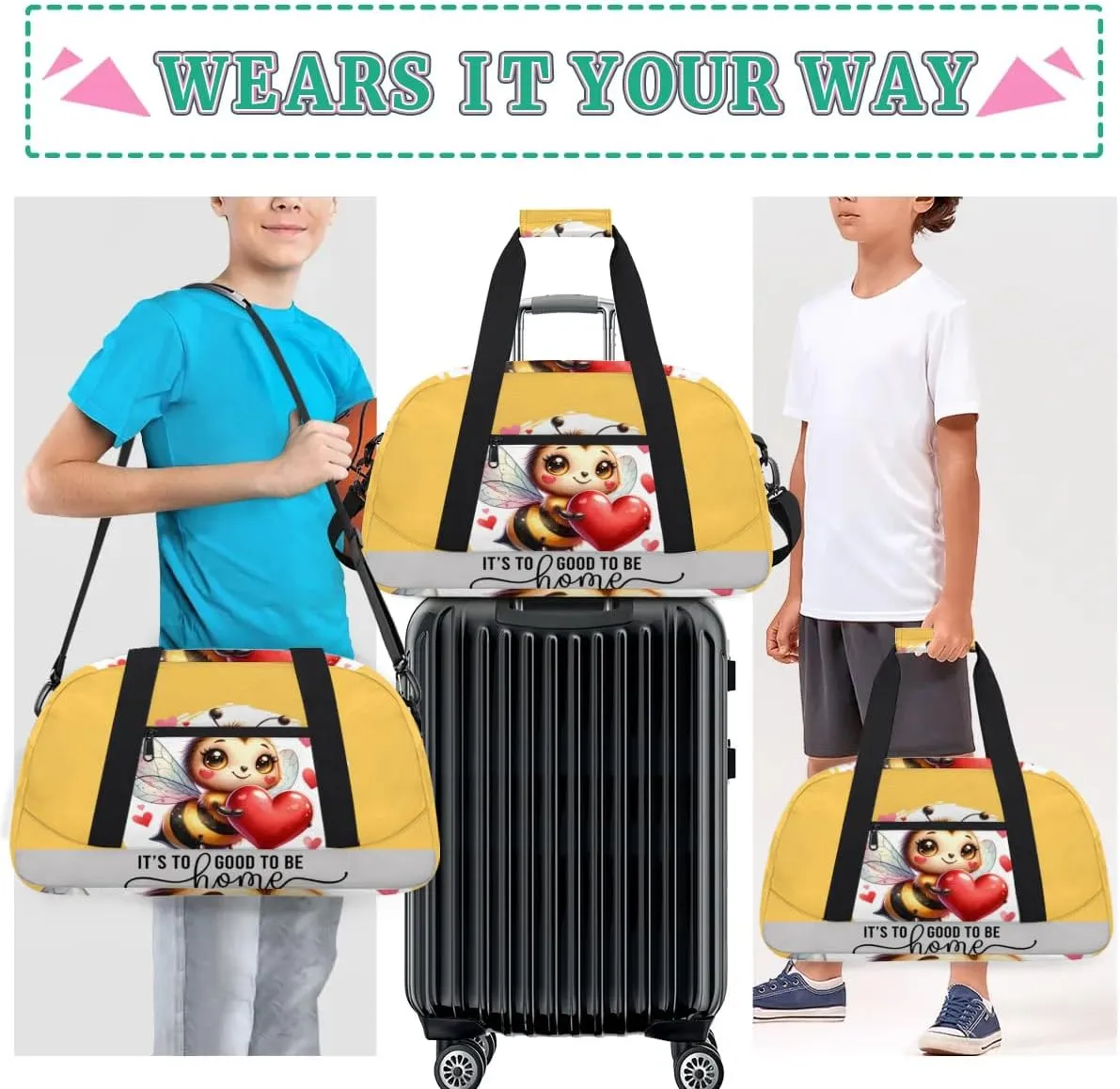 Duffle Bag Bee Love Heart PersonalizedGym Bag Travel Bag Luggage Bag Waterproof Lightweight Sports for Dance Gymnastics Cheers Soccer Wrestling Hospital, for Weekender Overnight