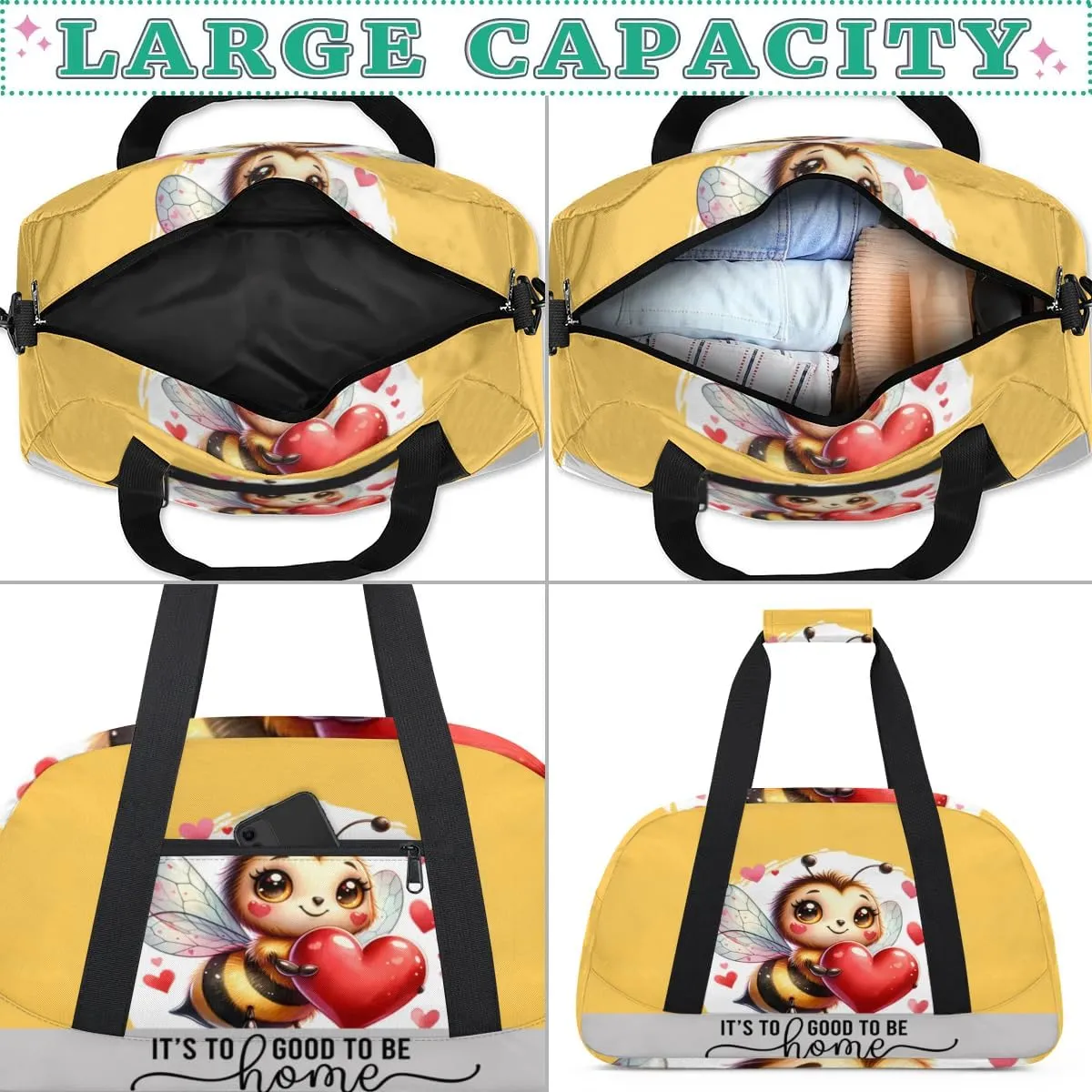 Duffle Bag Bee Love Heart PersonalizedGym Bag Travel Bag Luggage Bag Waterproof Lightweight Sports for Dance Gymnastics Cheers Soccer Wrestling Hospital, for Weekender Overnight