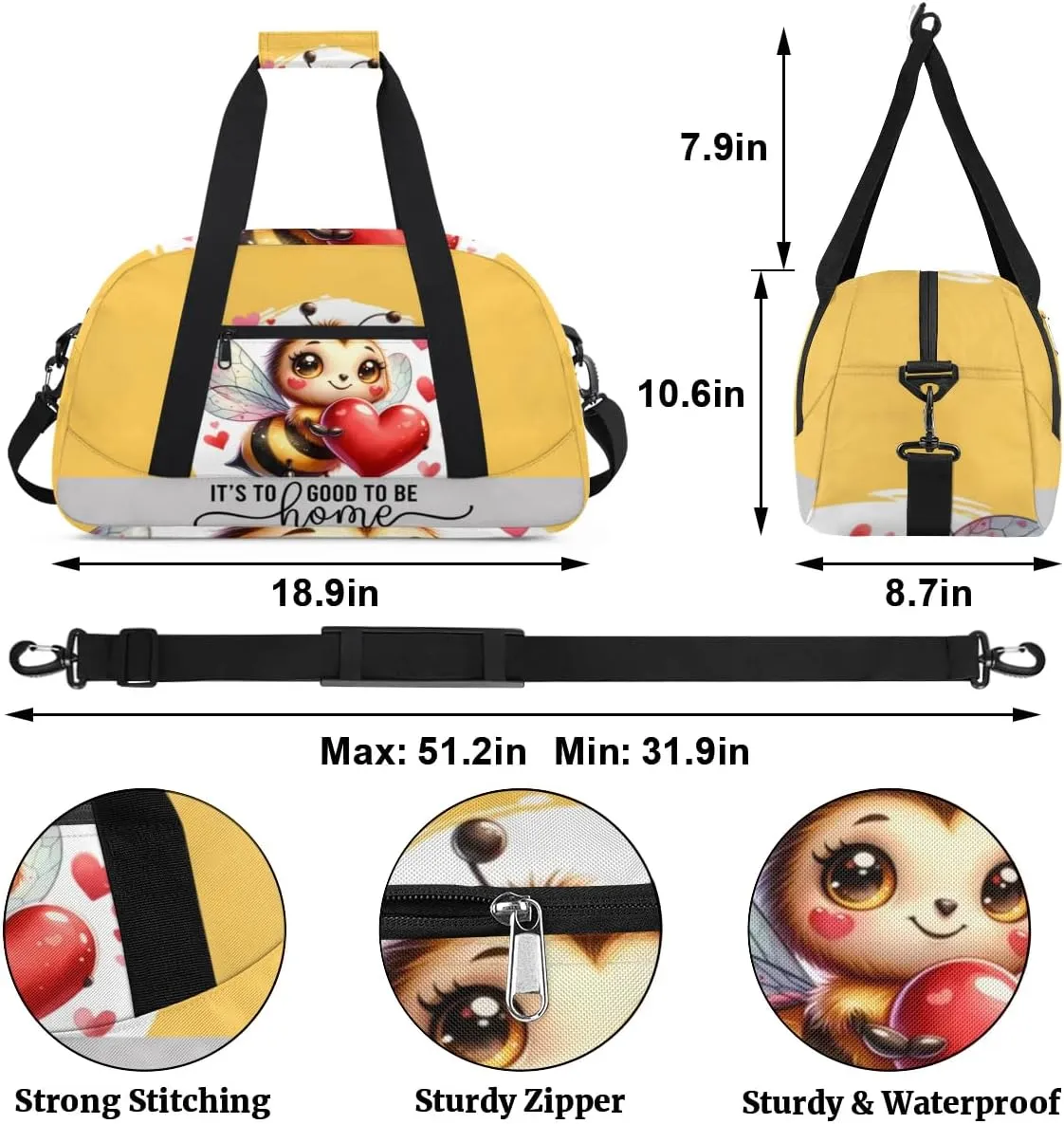 Duffle Bag Bee Love Heart PersonalizedGym Bag Travel Bag Luggage Bag Waterproof Lightweight Sports for Dance Gymnastics Cheers Soccer Wrestling Hospital, for Weekender Overnight