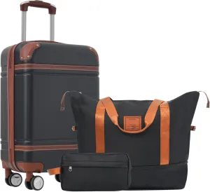Durable Hardshell Luggage Set with Carry-on Suitcase, Travel Duffel & Toiletry Bag, Double Spinner Wheels, Black