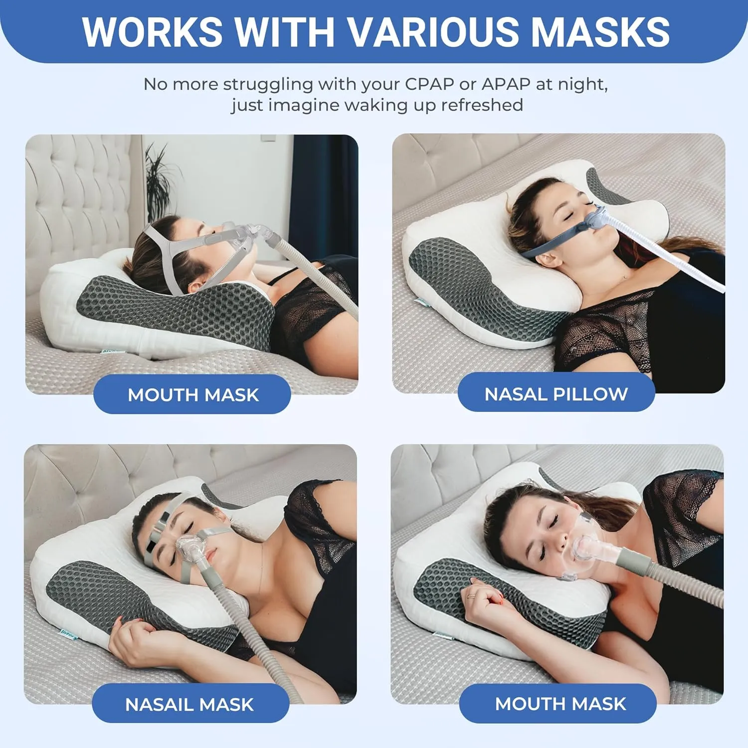 Elviros Cervical Neck CPAP Pillow for Sleeping, Ergonomic Adjustable Height Neck Support Memory Foam Bed Pillow for CPAP Users with Sleep Apnea, Suitable for Side and Back Sleepers