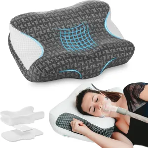 Elviros Cervical Neck CPAP Pillow for Sleeping, Ergonomic Adjustable Height Neck Support Memory Foam Bed Pillow for CPAP Users with Sleep Apnea, Suitable for Side and Back Sleepers