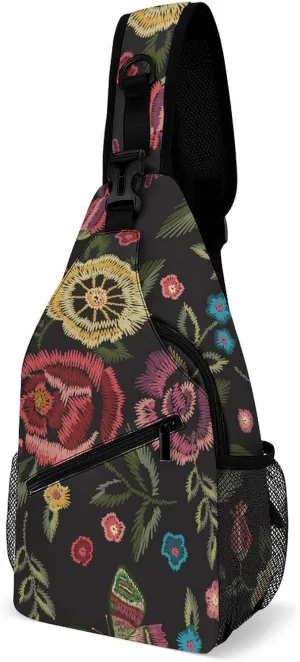 Embroidery Floral Roses Sling Bag for Women Men Boho Vintage Flower Crossbody Sling Backpack with Anti Theft,Multipurpose Chest Bag for Travel,Hiking,Cycling,Camping