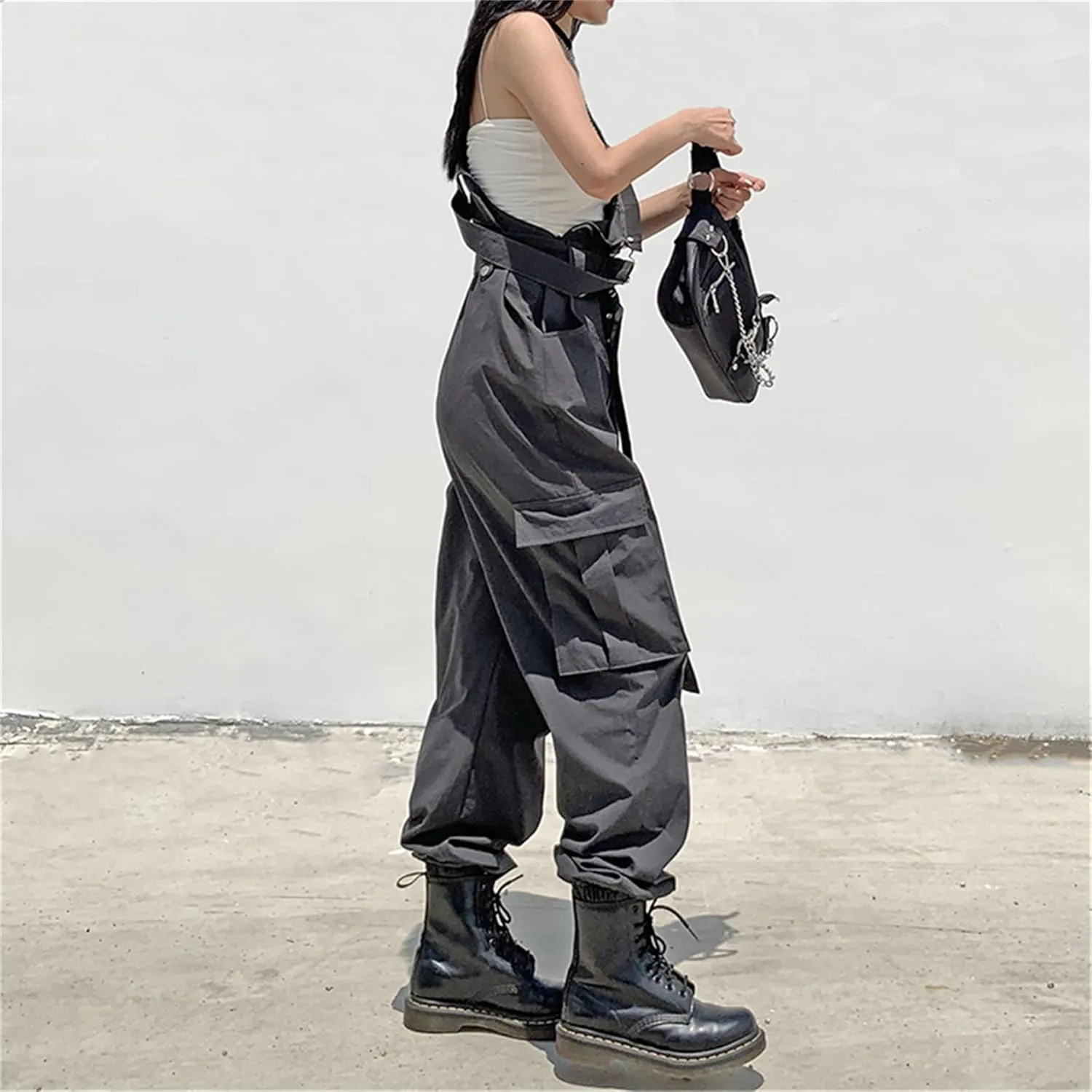 ENFUSO Gothic Black Overalls Womens Cargo Pants Sling Bow Belt Dungarees Wide Leg Pants Casual (With waistband)