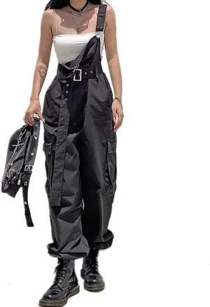 ENFUSO Gothic Black Overalls Womens Cargo Pants Sling Bow Belt Dungarees Wide Leg Pants Casual (With waistband)