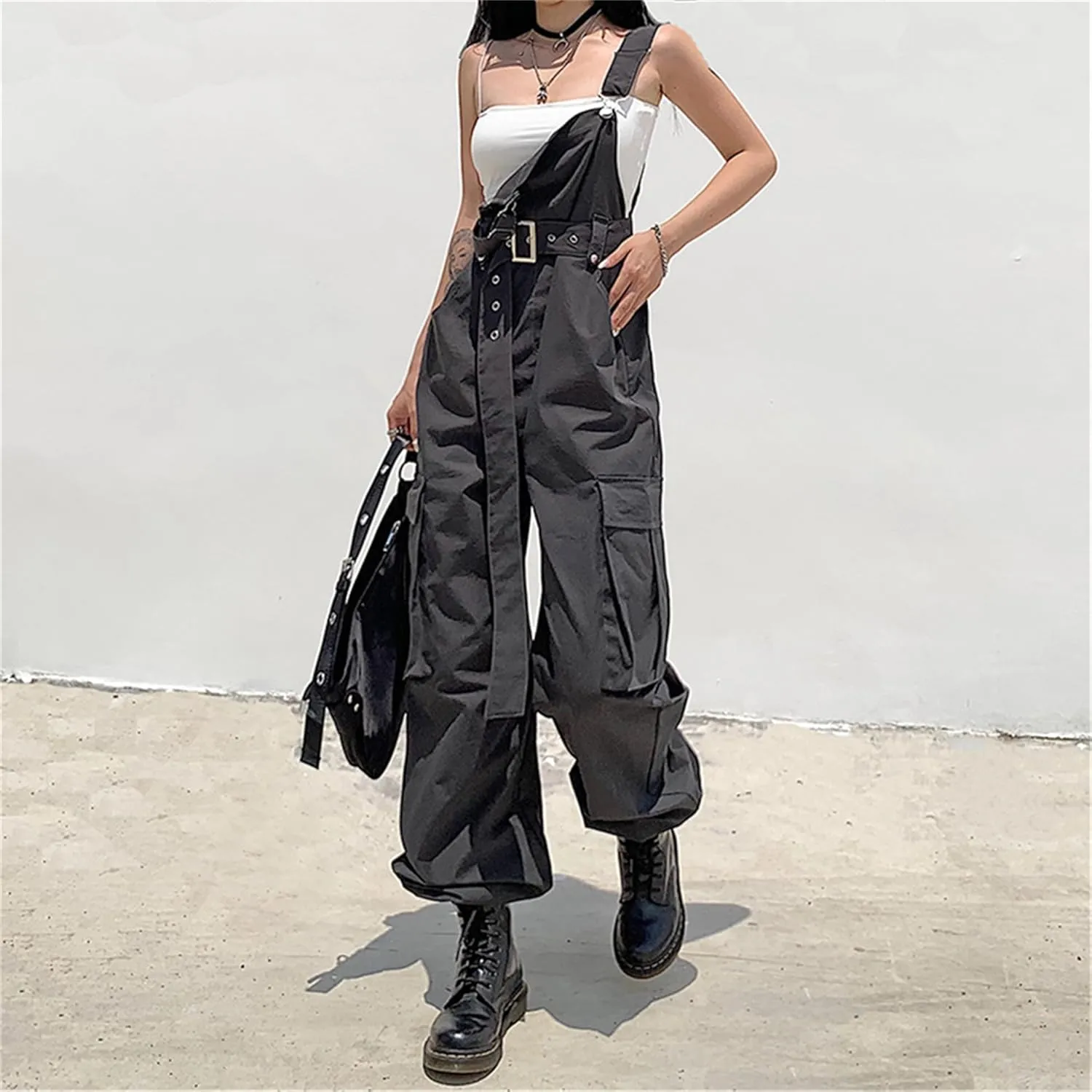 ENFUSO Gothic Black Overalls Womens Cargo Pants Sling Bow Belt Dungarees Wide Leg Pants Casual (With waistband)
