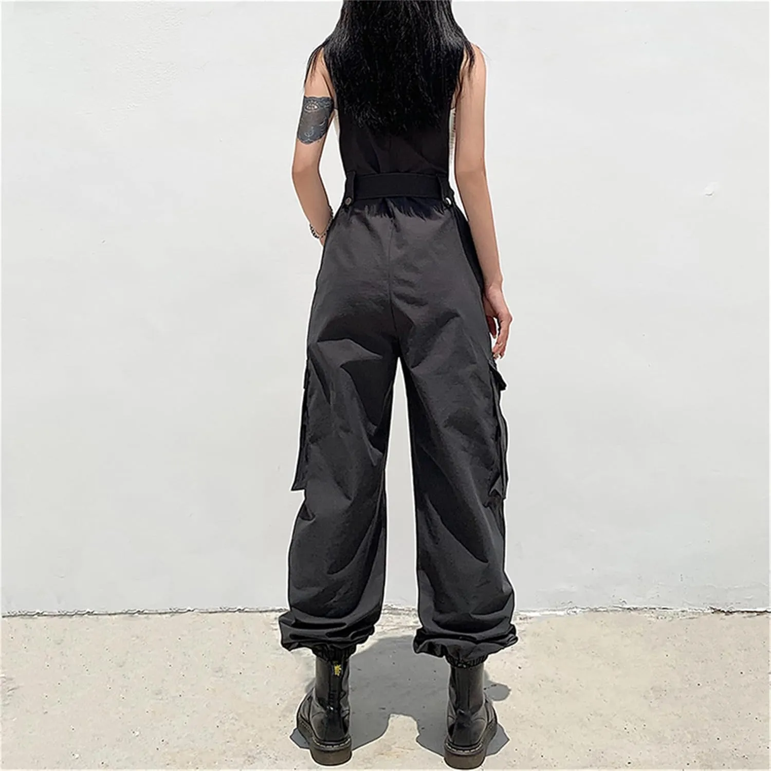 ENFUSO Gothic Black Overalls Womens Cargo Pants Sling Bow Belt Dungarees Wide Leg Pants Casual (With waistband)