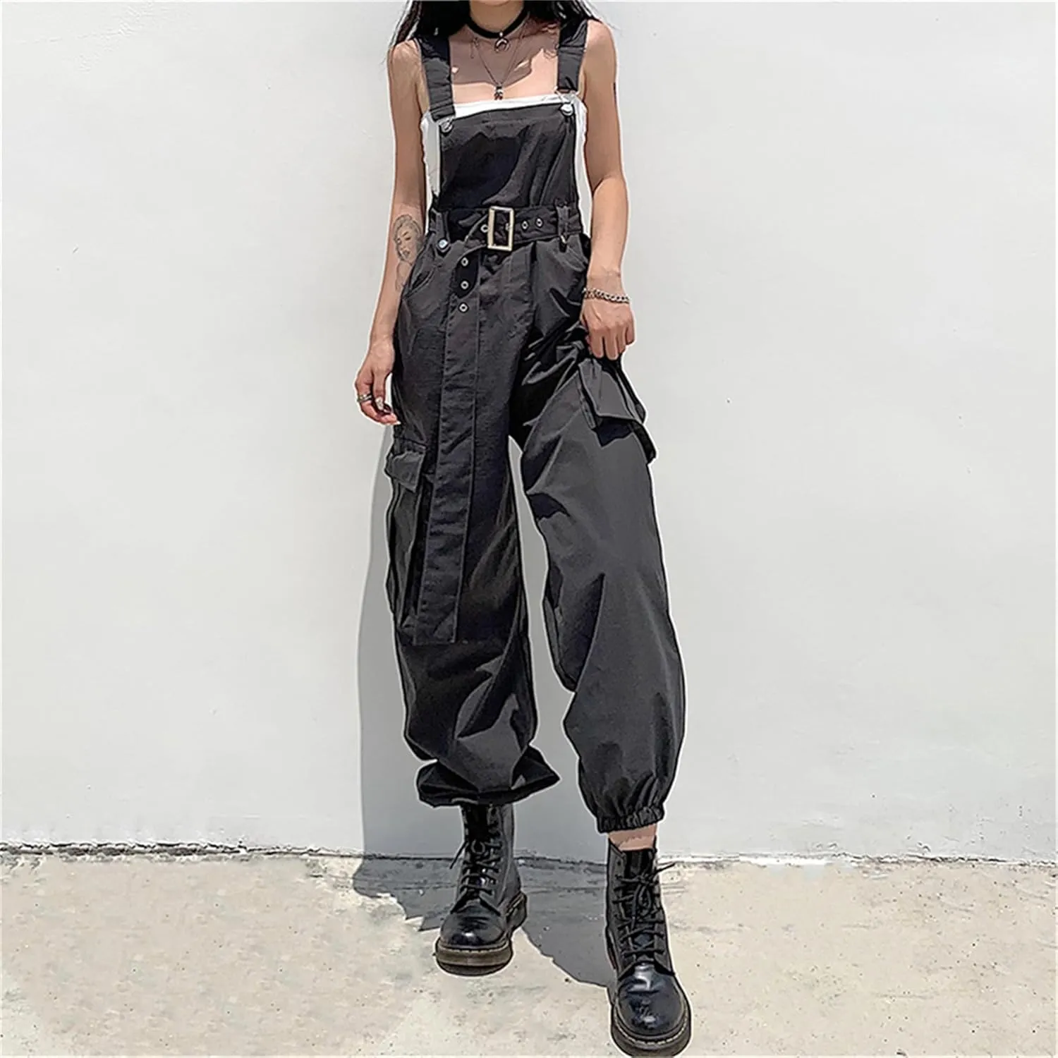 ENFUSO Gothic Black Overalls Womens Cargo Pants Sling Bow Belt Dungarees Wide Leg Pants Casual (With waistband)