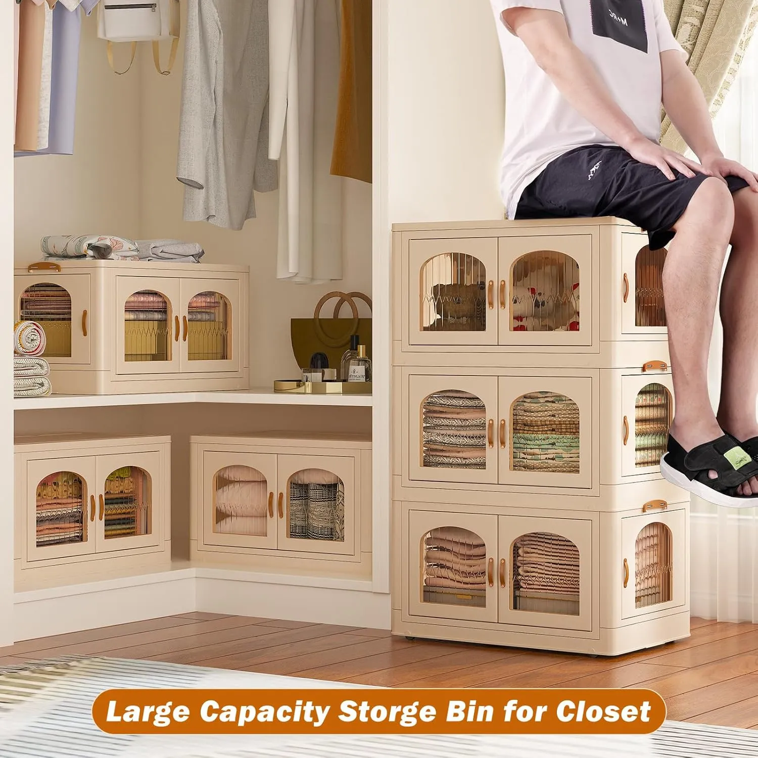 EnHomee 32.4GAL Stackable Storage Bins with Lids for Closet Organizers Collapsible Door and Wheels Trunk Car Folding Containers Box Bedroom Kitchen Office Toy,Plastic,3PC, 10.8GAL Beige-3 Pack
