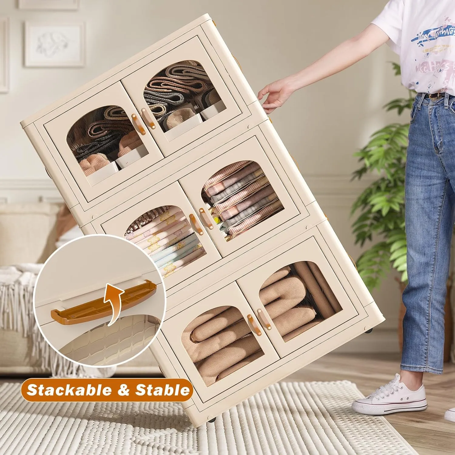 EnHomee 32.4GAL Stackable Storage Bins with Lids for Closet Organizers Collapsible Door and Wheels Trunk Car Folding Containers Box Bedroom Kitchen Office Toy,Plastic,3PC, 10.8GAL Beige-3 Pack