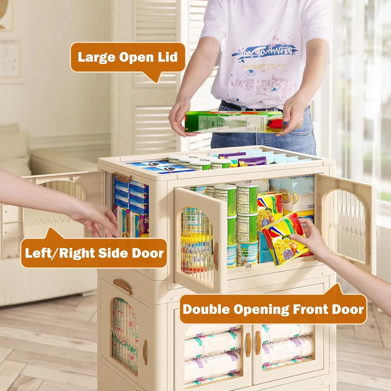 EnHomee 32.4GAL Stackable Storage Bins with Lids for Closet Organizers Collapsible Door and Wheels Trunk Car Folding Containers Box Bedroom Kitchen Office Toy,Plastic,3PC, 10.8GAL Beige-3 Pack
