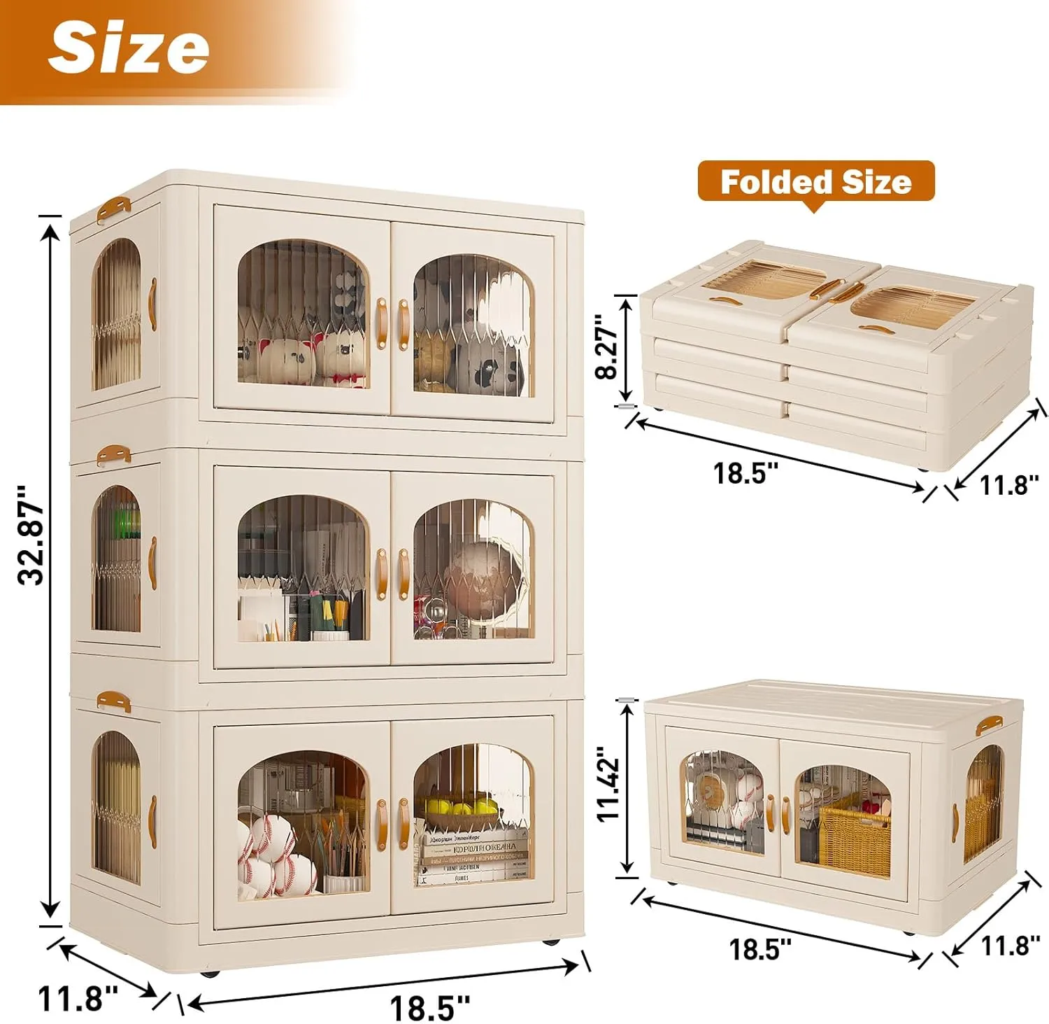 EnHomee 32.4GAL Stackable Storage Bins with Lids for Closet Organizers Collapsible Door and Wheels Trunk Car Folding Containers Box Bedroom Kitchen Office Toy,Plastic,3PC, 10.8GAL Beige-3 Pack