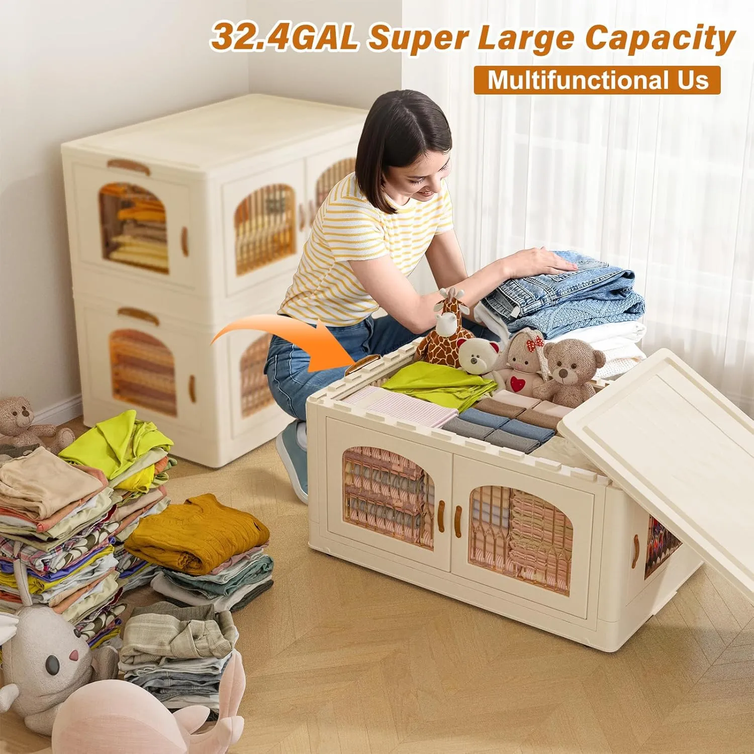 EnHomee 32.4GAL Stackable Storage Bins with Lids for Closet Organizers Collapsible Door and Wheels Trunk Car Folding Containers Box Bedroom Kitchen Office Toy,Plastic,3PC, 10.8GAL Beige-3 Pack