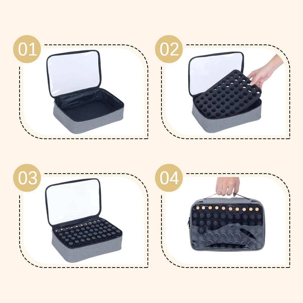 Essential Oils Carrying Case Holds 60 Grids for 1-3ML Roller Bottles 5ml, 10ml, 15ml Bottles Storage Organizer Bag Transparent, Essential Oil Bag with Detachable Sponge Pad Gray
