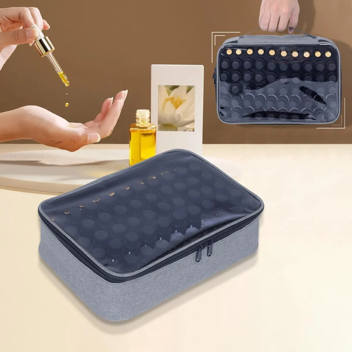 Essential Oils Carrying Case Holds 60 Grids for 1-3ML Roller Bottles 5ml, 10ml, 15ml Bottles Storage Organizer Bag Transparent, Essential Oil Bag with Detachable Sponge Pad Gray