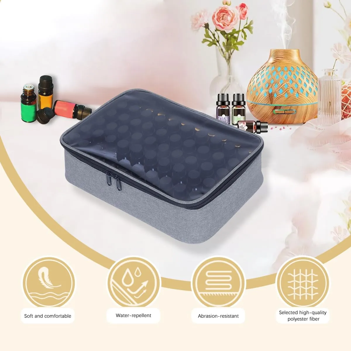 Essential Oils Carrying Case Holds 60 Grids for 1-3ML Roller Bottles 5ml, 10ml, 15ml Bottles Storage Organizer Bag Transparent, Essential Oil Bag with Detachable Sponge Pad Gray