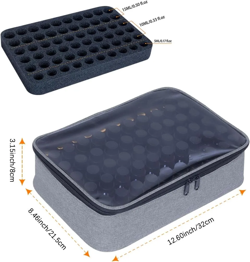 Essential Oils Carrying Case Holds 60 Grids for 1-3ML Roller Bottles 5ml, 10ml, 15ml Bottles Storage Organizer Bag Transparent, Essential Oil Bag with Detachable Sponge Pad Gray