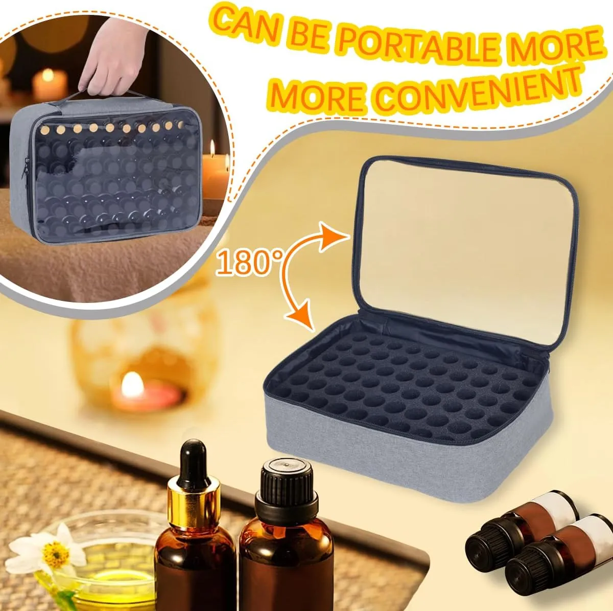 Essential Oils Carrying Case Holds 60 Grids for 1-3ML Roller Bottles 5ml, 10ml, 15ml Bottles Storage Organizer Bag Transparent, Essential Oil Bag with Detachable Sponge Pad Gray