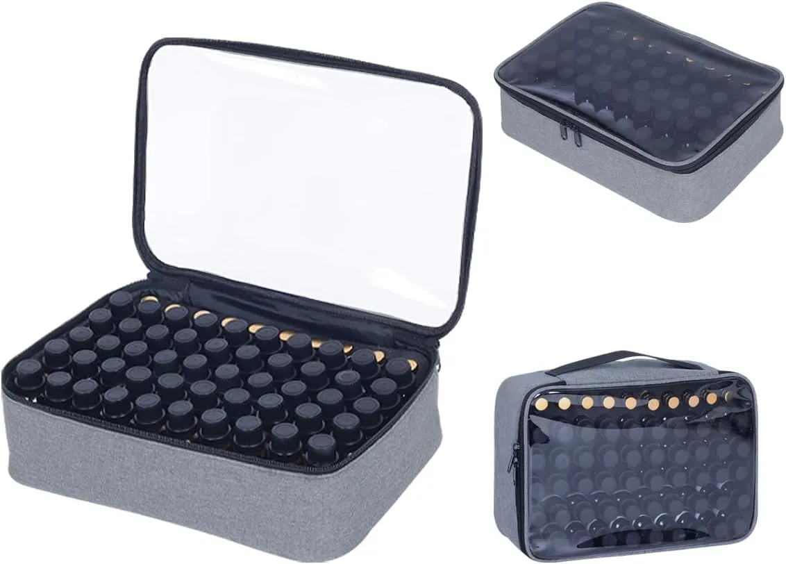 Essential Oils Carrying Case Holds 60 Grids for 1-3ML Roller Bottles 5ml, 10ml, 15ml Bottles Storage Organizer Bag Transparent, Essential Oil Bag with Detachable Sponge Pad Gray