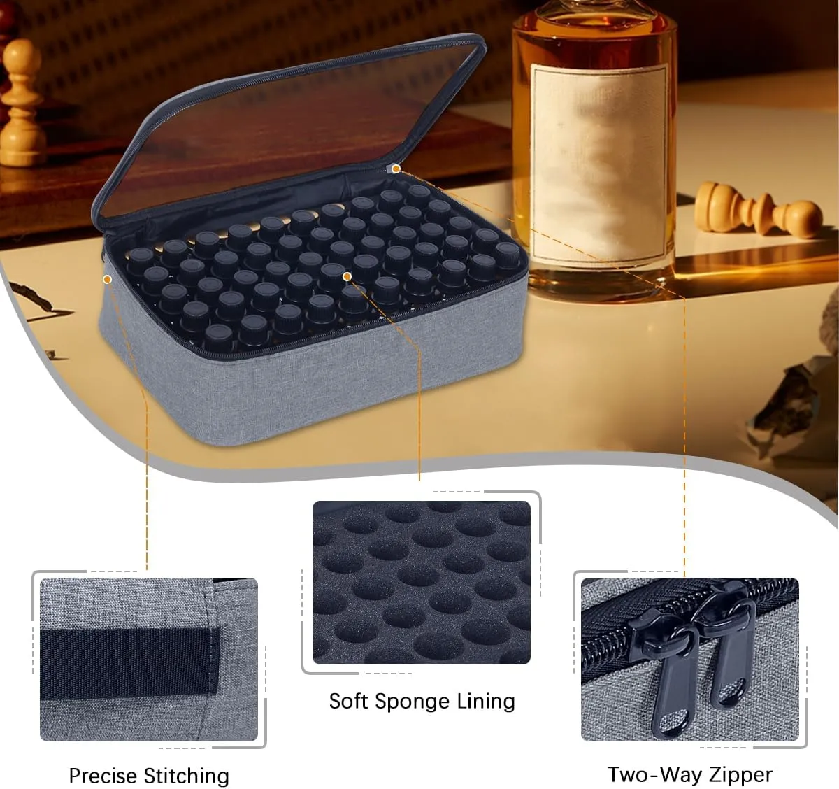 Essential Oils Carrying Case Holds 60 Grids for 1-3ML Roller Bottles 5ml, 10ml, 15ml Bottles Storage Organizer Bag Transparent, Essential Oil Bag with Detachable Sponge Pad Gray