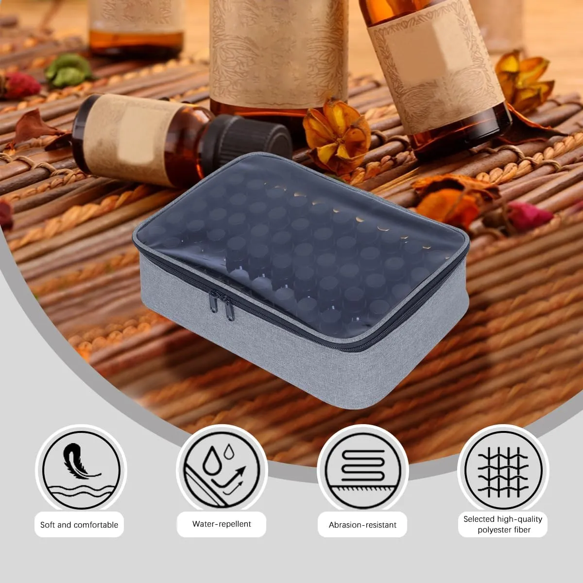 Essential Oils Carrying Case Holds 60 Grids for 1-3ML Roller Bottles 5ml, 10ml, 15ml Bottles Storage Organizer Bag Transparent, Essential Oil Bag with Detachable Sponge Pad Gray