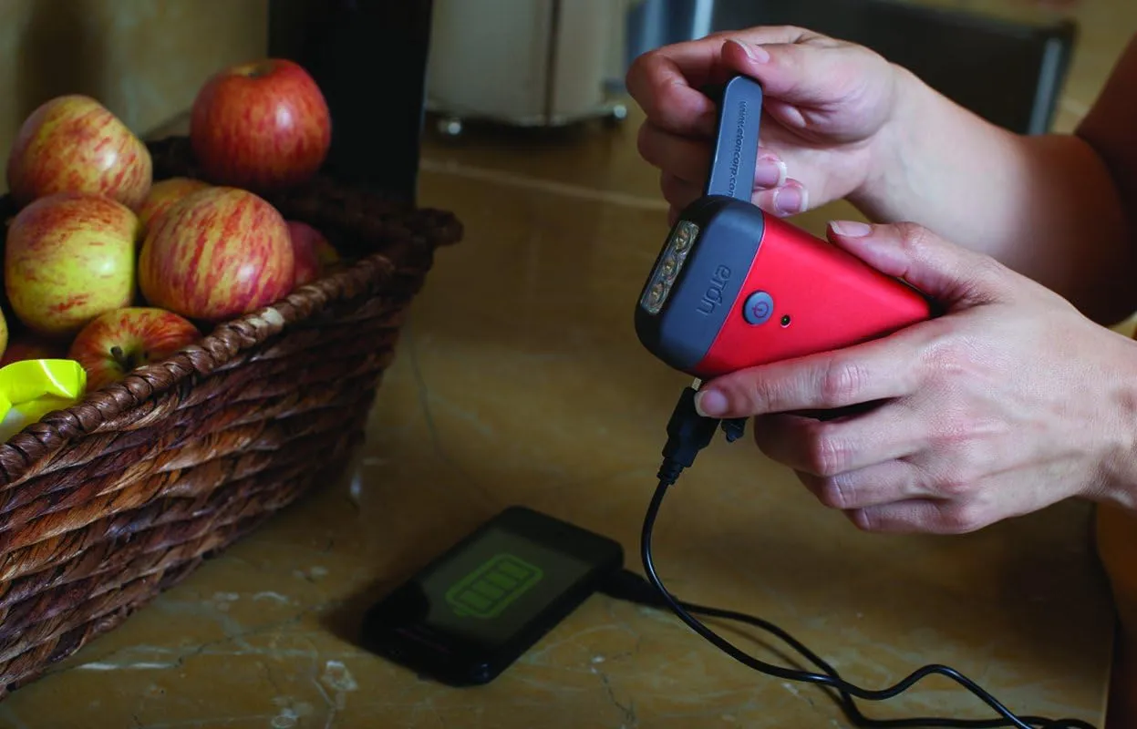 Eton American Red Cross Crank-Powered Clipray Clip-On Flashlight & Smartphone Charger, Hand Crank, Cherry Red, Commitment to Preparedness