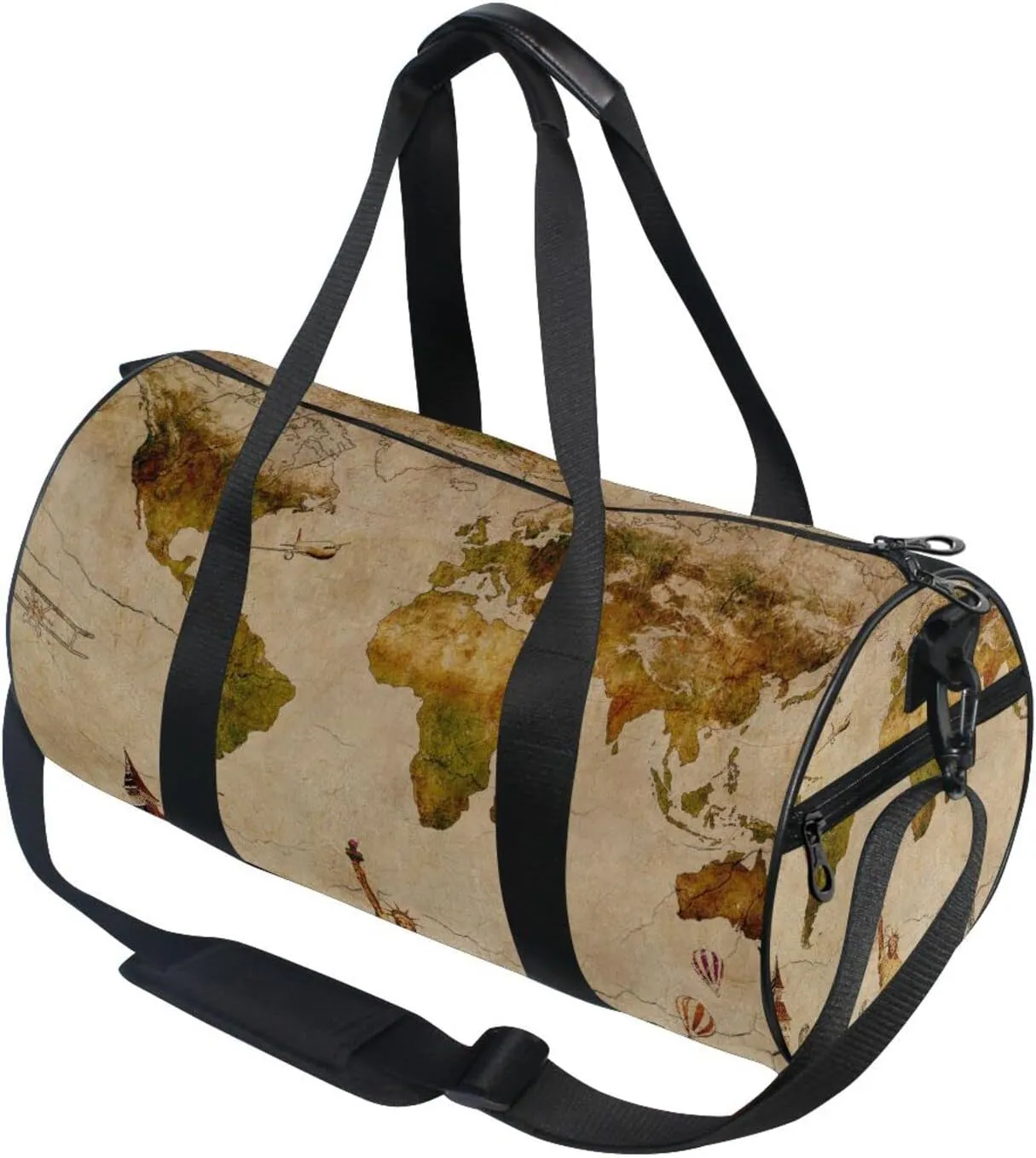 European Travelling Concept Retro World Map Statue of Liberty Duffel Bag, Foldable Canvas Travel Tote for Gym Sports with Inner Pockets, Durable Lightweight Fitness Bag for Overnight Workout