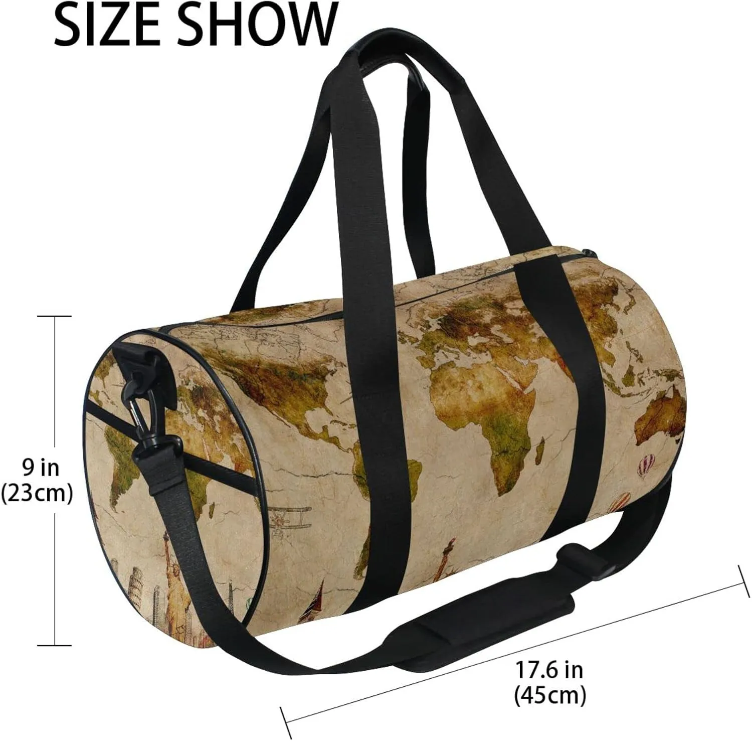 European Travelling Concept Retro World Map Statue of Liberty Duffel Bag, Foldable Canvas Travel Tote for Gym Sports with Inner Pockets, Durable Lightweight Fitness Bag for Overnight Workout