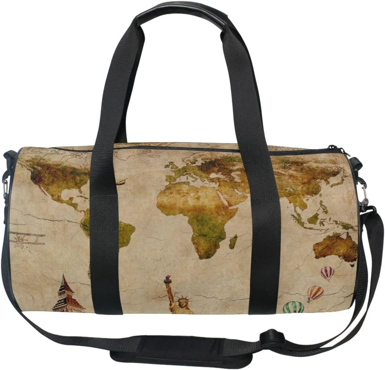 European Travelling Concept Retro World Map Statue of Liberty Duffel Bag, Foldable Canvas Travel Tote for Gym Sports with Inner Pockets, Durable Lightweight Fitness Bag for Overnight Workout