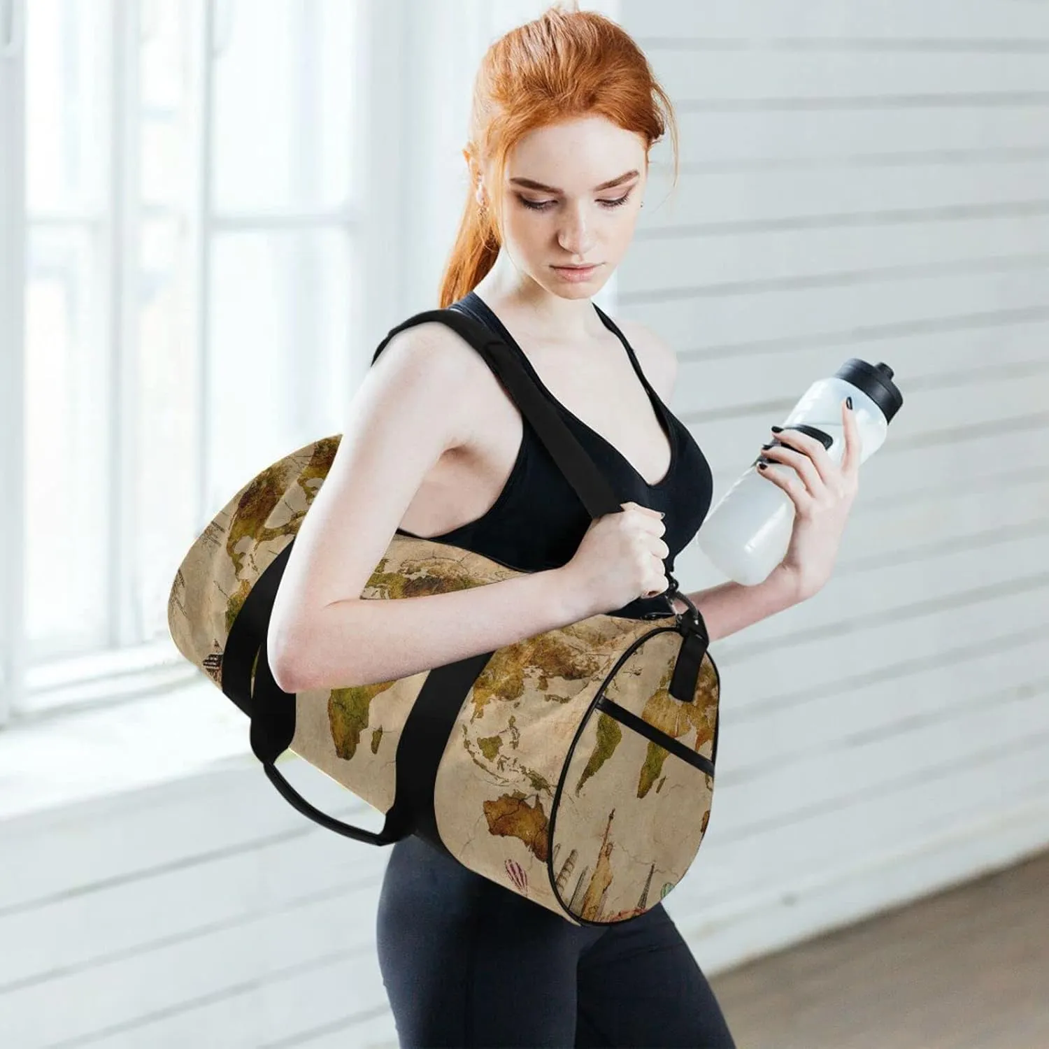 European Travelling Concept Retro World Map Statue of Liberty Duffel Bag, Foldable Canvas Travel Tote for Gym Sports with Inner Pockets, Durable Lightweight Fitness Bag for Overnight Workout