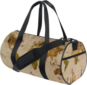 European Travelling Concept Retro World Map Statue of Liberty Duffel Bag, Foldable Canvas Travel Tote for Gym Sports with Inner Pockets, Durable Lightweight Fitness Bag for Overnight Workout