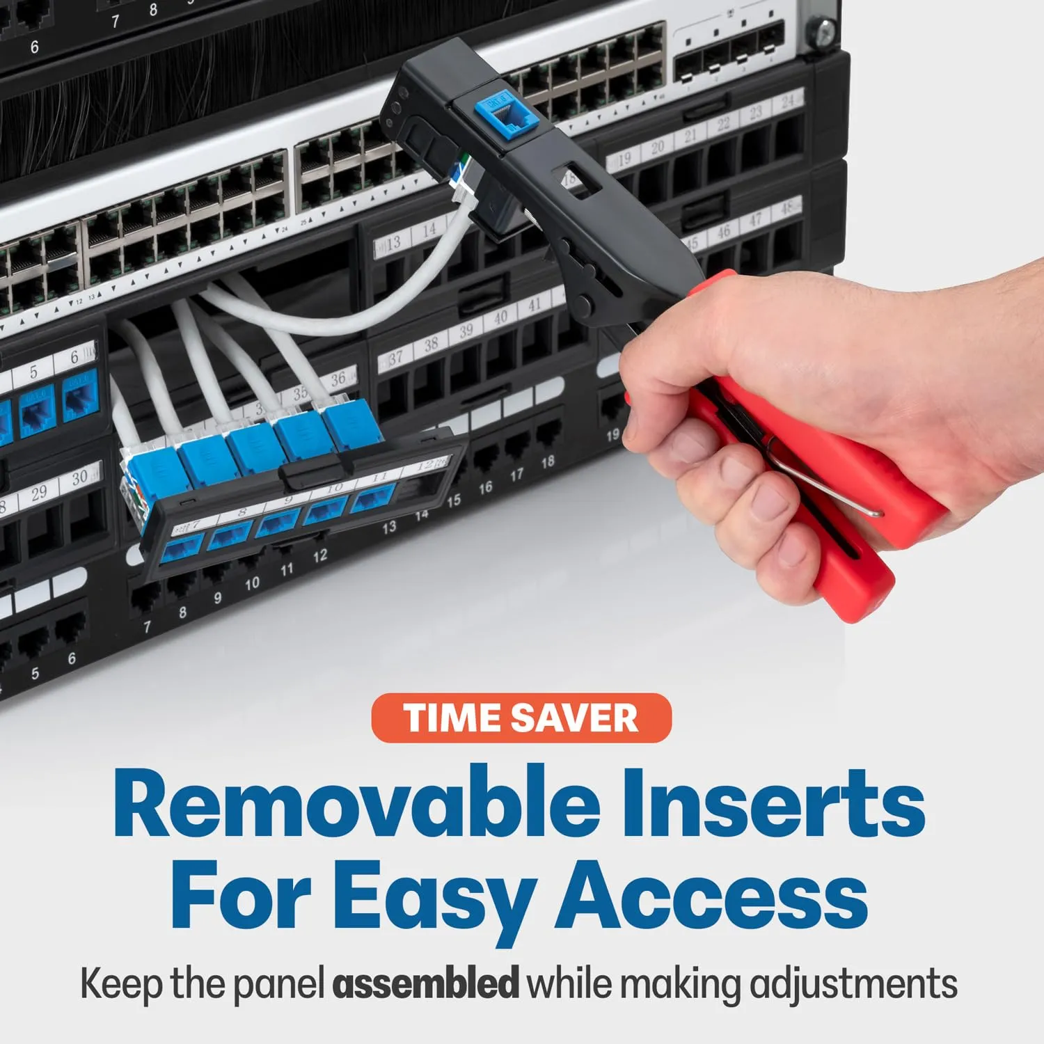 Everest 48 Port Keystone Patch Panel (1-Pack) - Removable 6-Port Panels - Use with Slim Profile Keystones ONLY (Wider Jacks May not fit Side by Side) - 16 Blank Keystone Jack Inserts Included