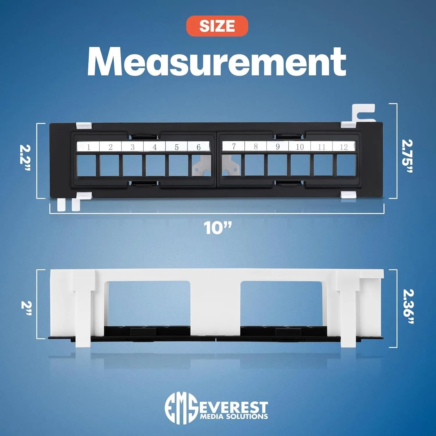 Everest Media 12-Port Keystone Patch Panel (1-Pack) - Removable 6-Port Panels - with 89D Wall Mount Bracket - Vertical/Horizontal Installation - 8 Blank Keystone Jack Inserts Included