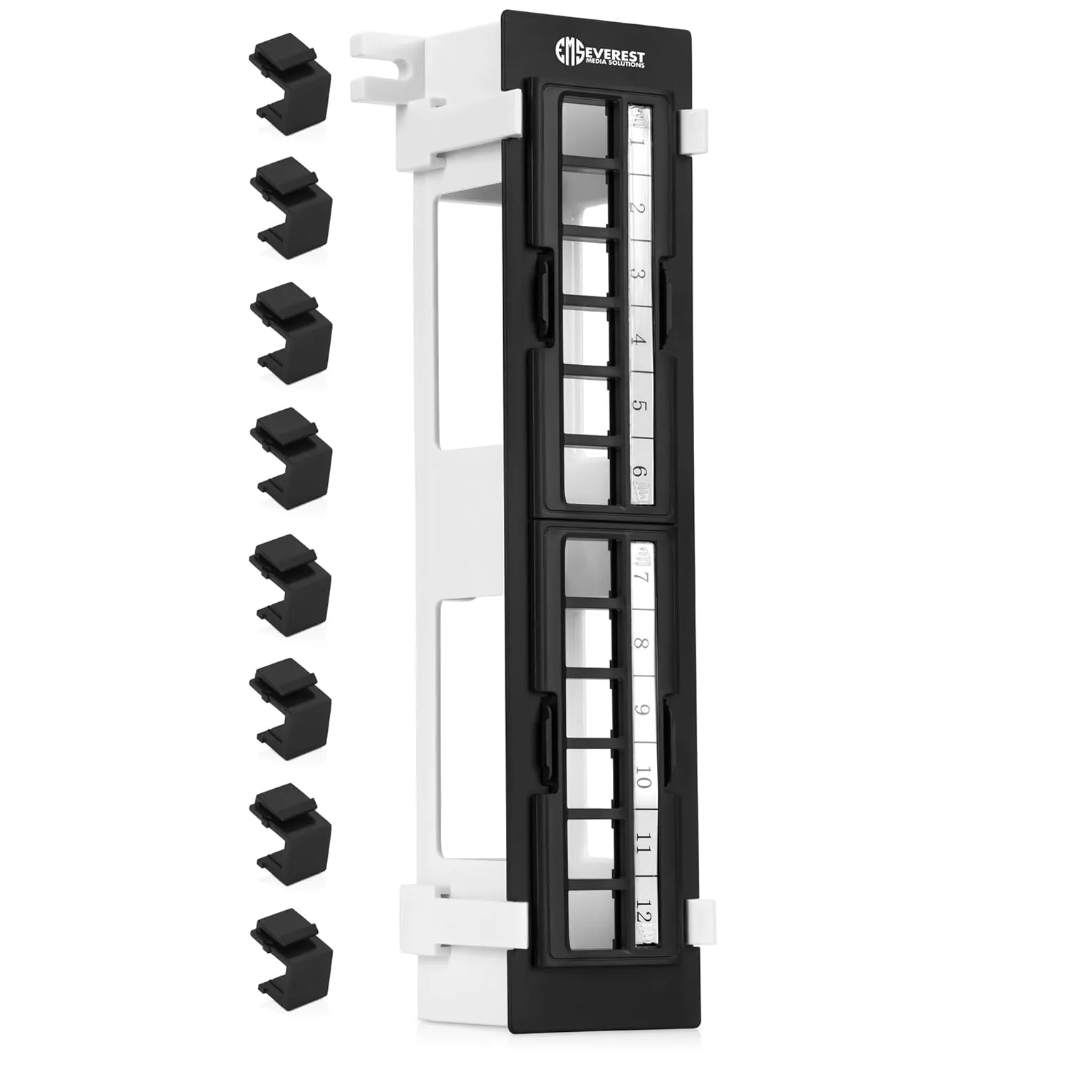 Everest Media 12-Port Keystone Patch Panel (1-Pack) - Removable 6-Port Panels - with 89D Wall Mount Bracket - Vertical/Horizontal Installation - 8 Blank Keystone Jack Inserts Included
