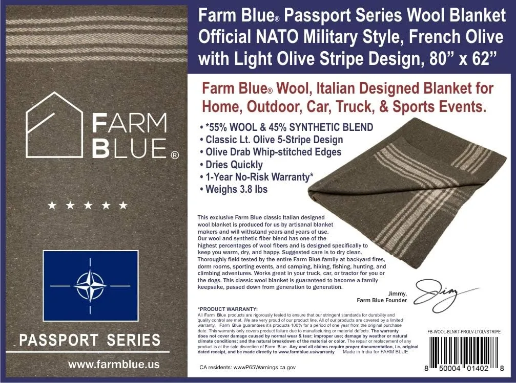 Farm Blue Wool Blanket Military Style - Thick & Lightweight Army Camping Blankets 80"x62" - Large Camp Survival Blankets - Car, Hiking, Backpacking & Festivals (French Olive with a Light Tan Stripe)