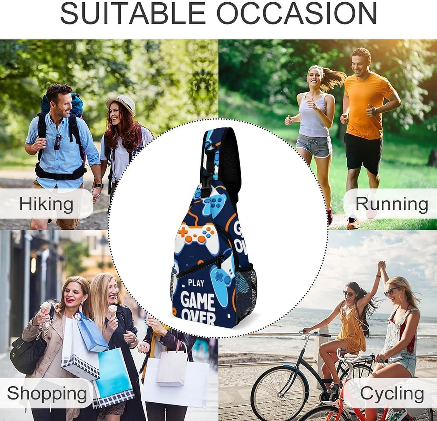 Fashion Sling Bag Crossbody Bags, Video Games Weapon Games Game over Play Over Shoulder Backpack Casual Cross Chest Side Pack with Strap, Multi-pockets, Buckles for Hiking, Travel