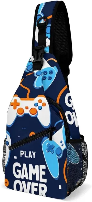 Fashion Sling Bag Crossbody Bags, Video Games Weapon Games Game over Play Over Shoulder Backpack Casual Cross Chest Side Pack with Strap, Multi-pockets, Buckles for Hiking, Travel