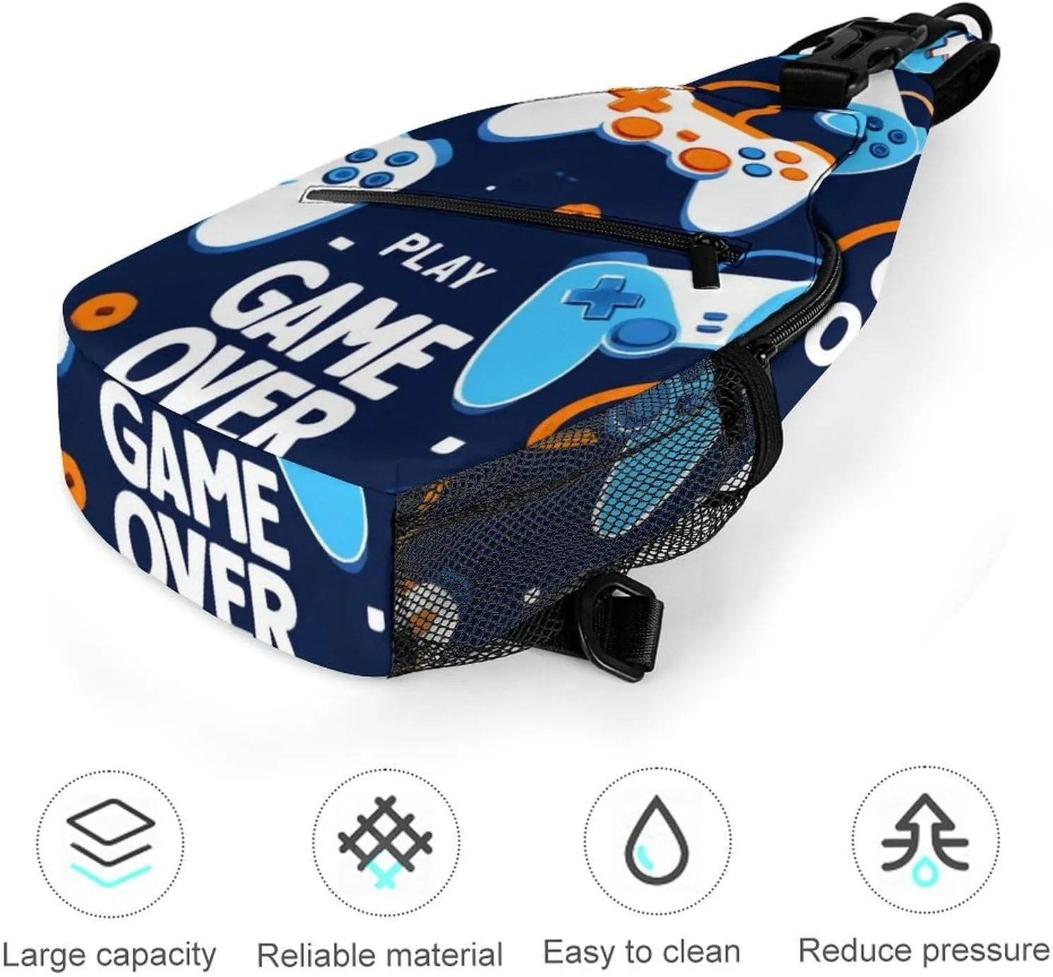 Fashion Sling Bag Crossbody Bags, Video Games Weapon Games Game over Play Over Shoulder Backpack Casual Cross Chest Side Pack with Strap, Multi-pockets, Buckles for Hiking, Travel