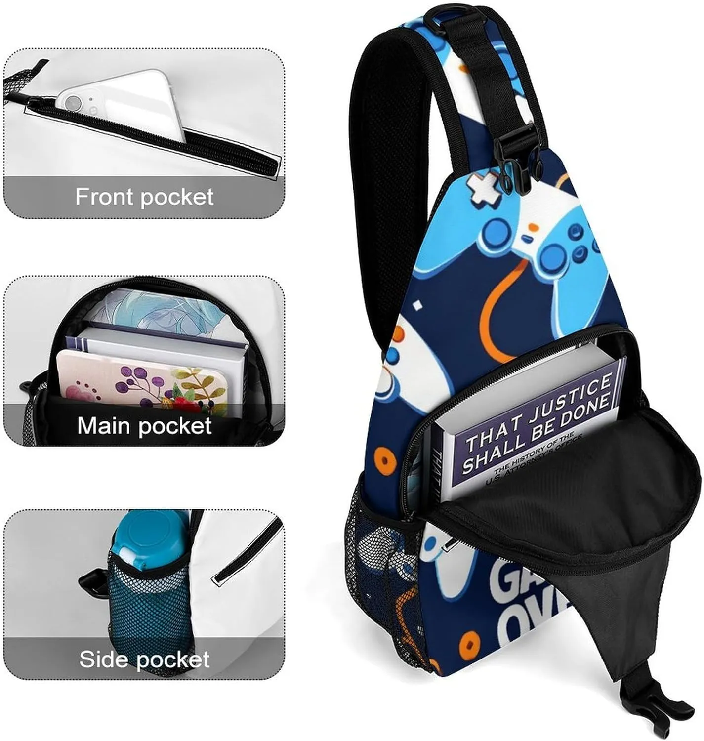 Fashion Sling Bag Crossbody Bags, Video Games Weapon Games Game over Play Over Shoulder Backpack Casual Cross Chest Side Pack with Strap, Multi-pockets, Buckles for Hiking, Travel