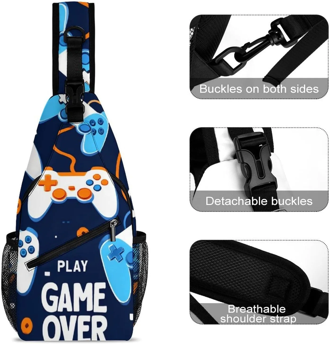 Fashion Sling Bag Crossbody Bags, Video Games Weapon Games Game over Play Over Shoulder Backpack Casual Cross Chest Side Pack with Strap, Multi-pockets, Buckles for Hiking, Travel